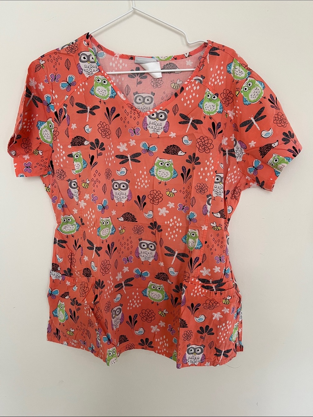 Scrubstar Coral Owl Print Short Sleeve Scrub Top